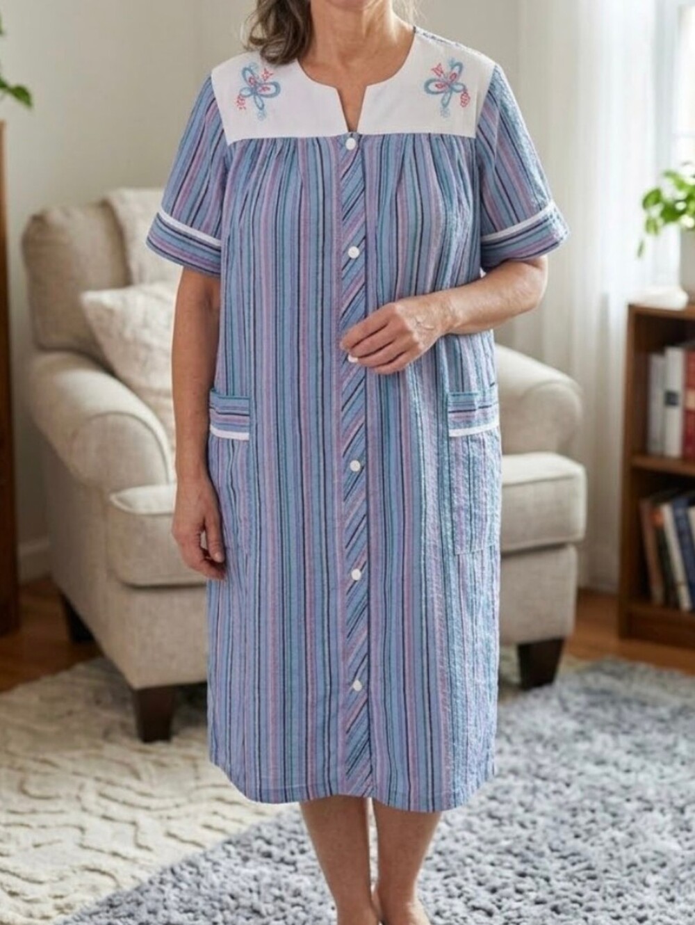 Easy Essentials Blue Gown Size M Medium Stripe Nightgown Nightwear Lounge Dress